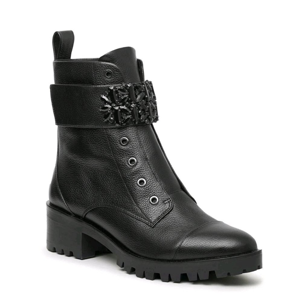 NEW Karl Lagerfeld Paris Pippa Black Leather Crystal Combat Boots Lug Sole 7.5